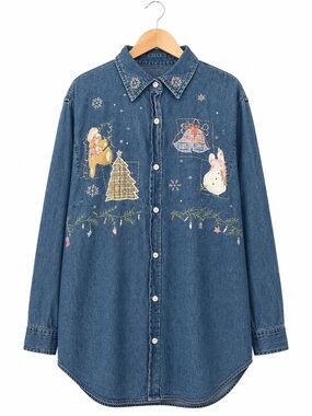 VTG 90s Christmas Denim Button Up Shirt Embroidered Cottage-core whimsical XXL